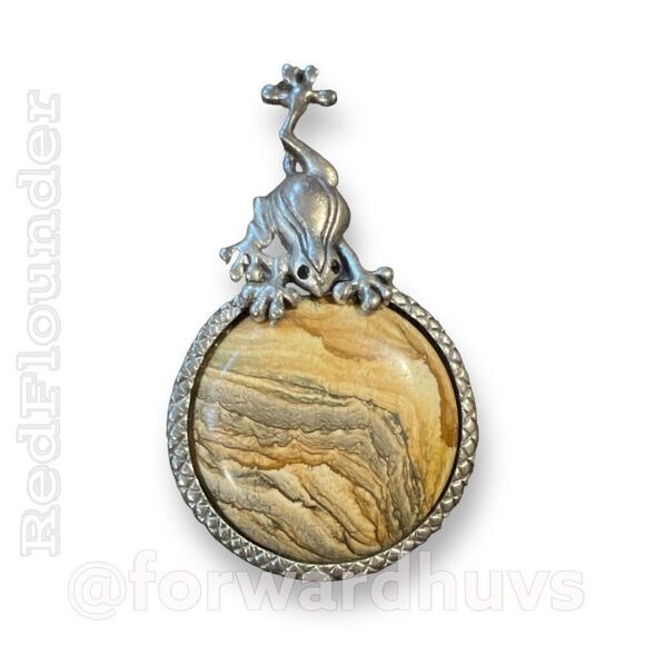 Silver Tone Frog Pendant with Large Picture Jasper Stone - Picture 1 of 8